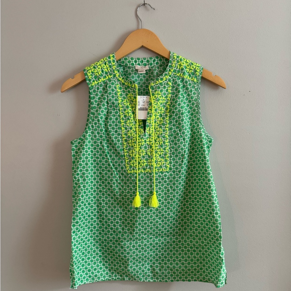 J. Crew Green and Yellow Sleeveless Blouse with Tie Front